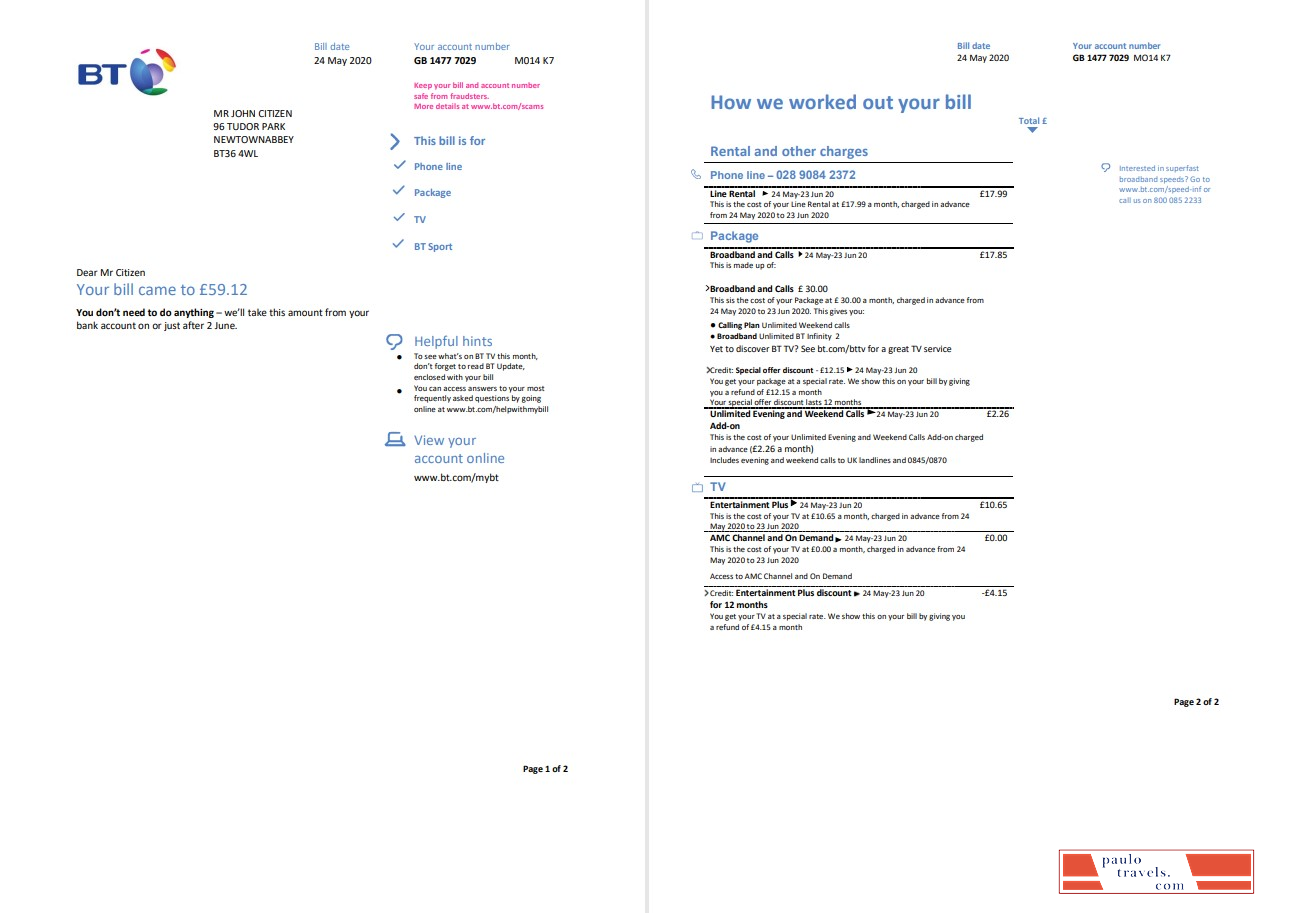 United Kingdom BT utility bill template in Word and PDF format, 2 pages